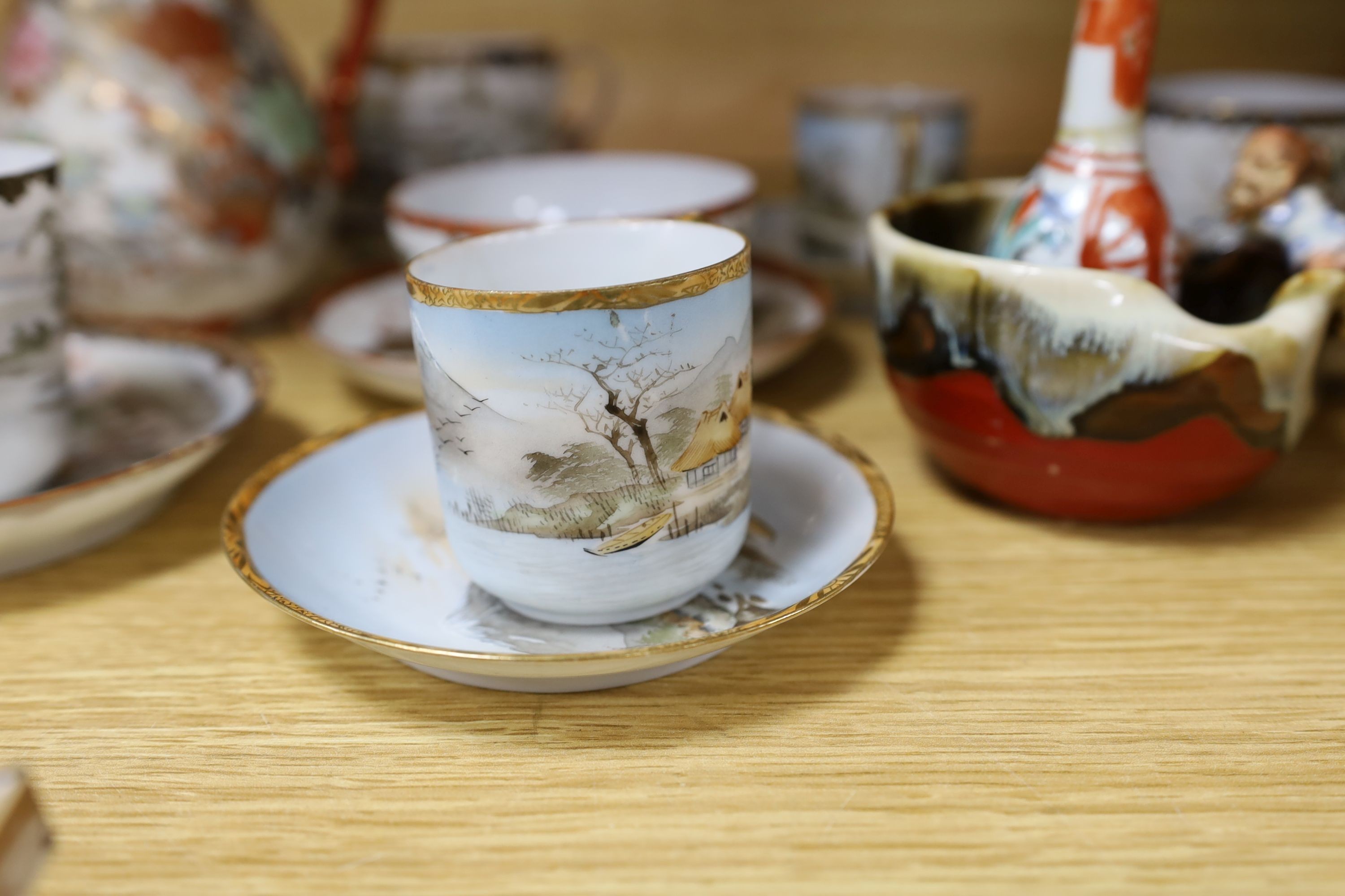Japanese Satsuma pottery teacup and saucer, various Japanese excel porcelain cups and saucers and a Sumida bowl